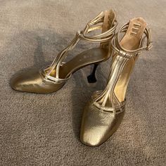 Beautiful Chanel Heels Gold Coloring With Black Heel Great Condition Gently Worn No Box Or Dustbag Included About A 2 Inch Heel Womens 38 Or Us 8 100% Authentic Chanel 2019, Chanel Heels, Shoes Chanel, Heels Gold, Black Heel, Strap Pumps, 2 Inch Heels, Chanel Shoes, T Strap