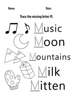 the letter m is for music moon mountains milk mitten and an image of a musical note