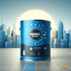 a blue paint can with the words nano extra on it in front of a cityscape