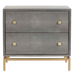 a grey and gold dresser with two drawers on one side, the other is open