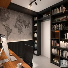 a desk with a computer and bookshelf in front of a map on the wall