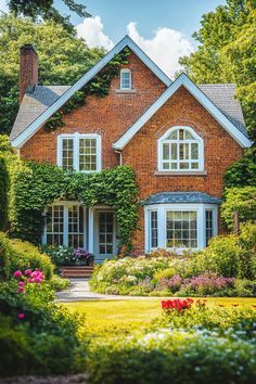 a large brick house with white windows and lots of greenery on the front yard