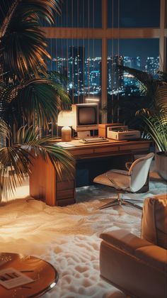 a living room filled with furniture and a large window overlooking the city lights at night