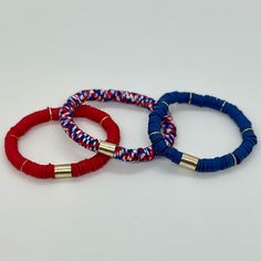 This is the perfect stack for Memorial Day or 4th of July! Everyone loves the red, white and blue 8mm Heishi stack. Bracelets are “one size fits most” and are designed to fit wrists up to 7.0”. Custom sizes available upon request. Please email designsby.kb@yahoo.com once your oder is placed. *Bracelets usually ship within 3-5 business days. Patriotic Blue Stretch Bracelet For 4th Of July, Adjustable Bracelets For Beach And 4th Of July, Adjustable Beach Bracelets For 4th Of July, Adjustable Red Stretch Bracelet For Everyday, Patriotic Blue Bracelets For Beach, Blue Adjustable Stretch Bracelet For 4th Of July, Adjustable Stacked Blue Bracelets, Casual Multicolor Bracelets For 4th Of July, Trendy Red Stackable Bracelets