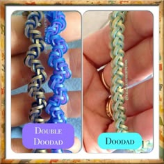 two pictures showing how to make double doodad bracelets with different colors and sizes