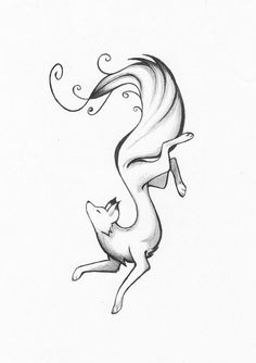 a black and white drawing of a cat with swirls on it's tail