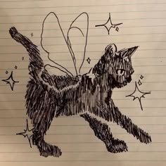 a drawing of a cat with wings on it's back, and stars in the background