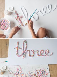 two photos with the word hope spelled out in sprinkles, and someone using scissors to cut letters