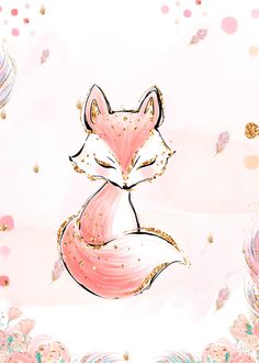 a pink fox with gold glitters on it's eyes and tail sitting in front of flowers