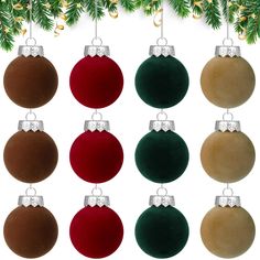 six christmas ornaments hanging from a tree