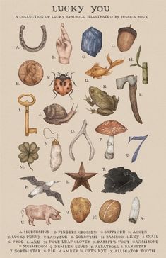 a poster with different types of animals and plants on it's back side, including the words lucky you