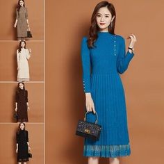 Premium Quality Women Sweater Knitted Dresses Midi Lace Patchwork Long Sleeve Fitted Office, Sweaters Dresses Office Sweaters, Fitted Office, Knitted Dresses, Coffee Black, Lace Patchwork, Women Sweater, Knitting Women Sweater, Knit Sweater Dress, Women's Dresses