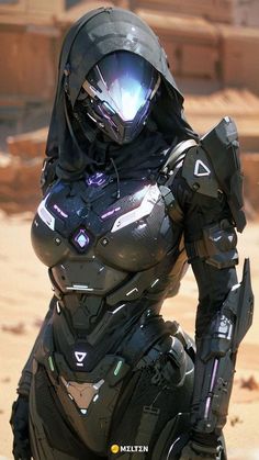 a woman dressed in futuristic armor standing on the ground