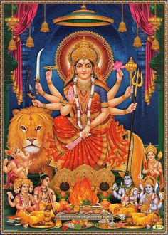 the hindu goddess sitting on top of a lion and surrounded by other animals, with her arms in the air