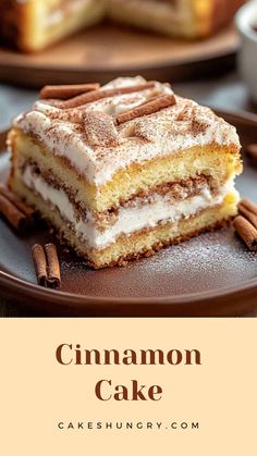 cinnamon cake on a brown plate with cinnamons around it and the title overlay reads, cinnamon cake