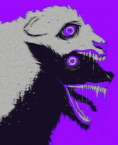 an animal with purple eyes and fangs on it's face is shown in this artistic photo