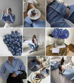 a collage of photos with blue flowers and denims on the floor, woman in white shirt holding plate