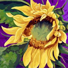 a painting of a yellow sunflower with green leaves and purple background is featured in this image