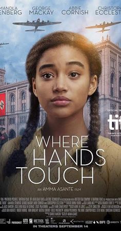 the movie poster for where hands touch is shown in front of an image of a woman with braids