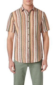 Painterly stripes give artistic flair to this button-up shirt made for enjoying sunny days and casual nights in the comfort of soft, breathable linen. 30" length; 44" chest Front button closure Spread collar Short sleeves 100% linen Dry clean Imported Contemporary Accessories, Suit Separates, Designer Clothes For Men, Women's Summer Fashion, Striped Shorts, Wedding Men, Athletic Women, Sunny Days, Clothes For Sale