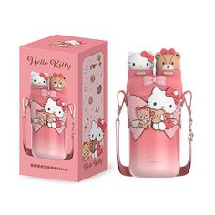 a pink hello kitty bottle with two teddy bears on the front and one in the back