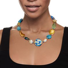 Ross-Simons - Italian Multicolored Murano Glass Bead, 6-14mm Cultured Pearl, Multi-Gemstone Bead Sea Life Necklace, 18kt Yellow Gold Over Sterling. 20". This unique showpiece from Italy will amaze the beach lover in your life. It features a whimsical assortment of multi-shaped handmade Murano glass beads in light and dark blue and golden tones, with 6-14mm cultured freshwater semi-baroque pearls for extra shimmer. A 25.00 carat blue quartz round bead and a 20x15mm oval fluorite bead add lush oce Elegant Single Strand Multicolor Beads, Murano Glass Polished Bead Necklaces, Murano Glass Beaded Necklace With Polished Beads, Round Polished Murano Glass Beaded Necklace, Elegant Multicolor Rondelle Beaded Necklaces, Elegant Multicolor Single Strand Gemstones, Murano Glass Jewelry With Large Beads, Elegant Multicolor Beaded Gems And Cabochons, Elegant Multicolor Polished Gemstone Beads