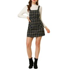 Add a versatile layer to your new-season wardrobe with this suspender dress. Simple and classic design with above knee length and A-line silhouette. Front Button and button decor underscore the casual cool of these plaid printed overalls. Versatile and Casual, the piece features button decor details, front pocket and A-line. With classic Overalls dress design and vintage plaid fabric, layered with a solid color top and bag for an everyday look! Occasion: Dating, Daily, Casual, Shopping, Gatherin Printed Overalls, Overalls Dress, Button Decor, Houndstooth Dress, Decor Details, Dress Simple, Suspender Dress, Plaid Fabric, Necklines For Dresses