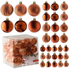 an assortment of shiny christmas ornaments and decorations