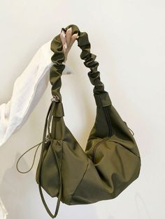 1pc Women's Nylon Cloth Dumpling Bag With Multiple Pockets, Casual Wrinkled Drawstring Crossbody Shoulder Bag, Soft And Comfy Slouchy Versatile Wrinkled Bag Army Green Casual   Fabric Plain,Textured Pattern Ruched Bag   Women Bags, size features are:Bust: ,Length: ,Sleeve Length: Dumpling Crossbody Bag, Slouchy Crossbody Bag, Army Green Bag, Unique Bags Design, Ruched Bag, Unique Tote Bag, Slouchy Bag, Dumpling Bag, Kids Snow Boots