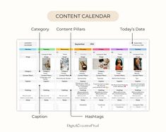 the content calendar is shown with different things to see and do in each section, including images