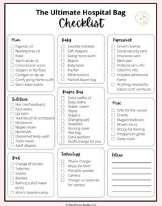 the ultimate hospital bag checklist is shown in this printable form, with instructions to help