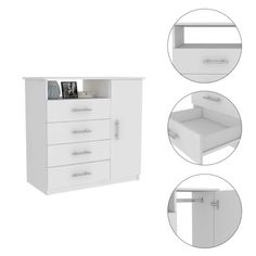 three different views of a white cabinet with drawers and shelves on each side, including the bottom drawer