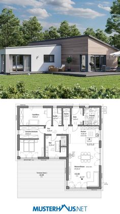 the floor plan for a modern house with two levels and an open living area in the middle