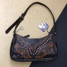 Nwtamerican West Leather Short Shoulder Bag. Approx 12” L X 7” H X 4.5” D With 14.5” Drop Of Straps (Longest) And 12” (Shortest) Never Worn. As You See Pics, There’s Some Wear/Scratches Mostly To The Trims N Light Scratches To Leathers. But It’s Made Like It, Not By Use Or Me. Comes With Original Tag And Little Cute Aw Bag Charm. You Can Make Your Own Necklace With The Charm Of The Bag Charm. Just An Idea. Retail $220 Plus Tax Price Is Firm Item Only (Unless I Mention Abt Packaging Or Tag) But W Whimsigoth Bag, Make Your Own Necklace, Whimsigoth Aesthetic, Tooled Leather Handbags, Tan Leather Tote, Studded Handbag, Western Purses, Leather Short, Genuine Leather Purse