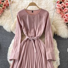 Materials: other Size: one size Color: purple, yellow, green, apricot, black, pink Pleated Dress, Color Purple, Apricot, Round Neck, Black Pink, Long Sleeve Dress, Celebrities, Purple, Yellow