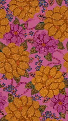 a pink background with yellow and purple flowers