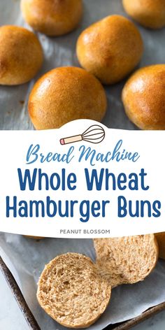 bread machine whole wheat hamburger buns on a baking sheet with the title overlay