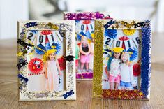 two small frames decorated with glitter and photos