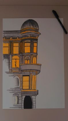 a drawing of a building that is lit up at night