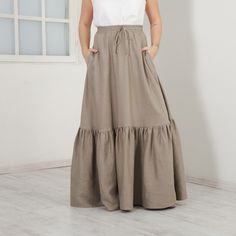 "Long Linen Skirt TONI, Full Circle Skirt, Beautiful Skirt With Pockets, Plus Size Clothing INFO: Our long linen skirt TONI was made for the secret romantic in every woman! It is finished with a gathered flounce. The waistband is elastic and fits easily to every size. To adjust it even more correctly we have added a drawstring of the same fabric. The garment is very long and roomy. It enthusiastically works for the freedom of your movement. Two side seam pockets are there for your trinkets. Have Long Linen Skirt, Elegant Pant, White Linen Pants, Perfect Summer Outfit, Hooded Dress, Plus Size Maxi, Full Circle Skirts, Linen Blouse, Linen Skirt