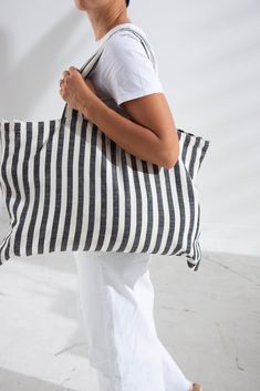 "Oversizde Striped Beach bag, Cotton Handwoven Peshtemal Bag, Natural Cotton Shopping Bag with pocket, Tote Bag, Eco Bag, Oversize Tote Bag, Black and Cream Tote Bag, (22.5\" x 16\") 57x40 cm. Features: Width: 57 cm. ( 22.5\" ) Height: 40 cm. ( 16\" ) Soulder Height: 23 cm. ( 9\" ) Black Striped Bag, a charismatic stance:) 100% Handwoven 100% Turkish Cotton Unlined strong bag Modern Turkish Peshtemal Fabric ( super light ) Suitable for washing at 30 degrees Ideal for going to the beach or for sh Striped Woven Tote Bag, Striped Woven Travel Bag, Woven Striped Travel Bag, Striped Woven Rectangular Beach Bag, Handwoven Striped Bags For Vacation, Handwoven Striped Bags For Everyday Use, Handwoven Striped Beach Bags, Everyday Handwoven Striped Bags, Striped Beach Bag For Travel