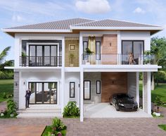 a car is parked in front of a two story house with balconyes and balconies