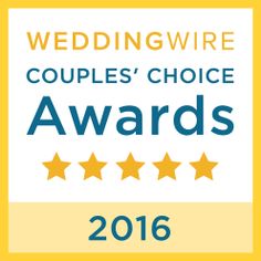 the weddingwire couple's choice award is shown in blue and yellow with five stars