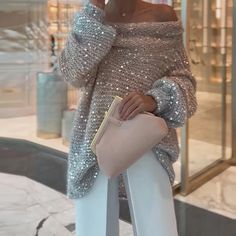 Olivia Mark - Solid Color Loose Fit Sequin Embellished Sweater with Wide Shoulders Lazy Sweater, Embellished Sweaters, Hacks Clothes, Hot Style, Sweater For Women, Fashion Hacks, Fashion Fall, Loose Sweater, Cozy Sweater