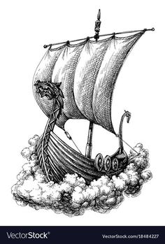 a drawing of a pirate ship floating on clouds