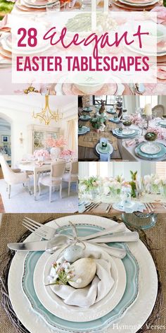 easter tablescapes with pink and blue plates, flowers and napkins on them