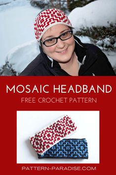 a woman wearing glasses and a knitted headband with the text mosaic headband free crochet pattern