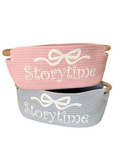 two baskets with the words story time and an image of a bow on one side