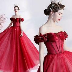 - not a huge fan of the sparkles Red Dresses Formal, Red Princess Dress, Off Shoulder Evening Gown, Banquet Dresses, Long Red Dress, Burgundy Prom Dress, Etsy Wedding Dress, Red Dresses, Bride Gowns