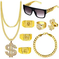 PRICES MAY VARY. 😎HIP HOP COSTUME - 8PCS hip hop costume accessories include 1 piece metal chain flat top sunglasses, 1 piece fake gold bracelet, 3 pcs kanji blessing lucky gold plated rings, 1 pcs dollar pendant rapper chain and 2pcs dollar sign rings, funny rapper costume set for your 80s/ 90s dress up, you'll be eye-catching one in 80s/ 90s hip hop theme parties. 😎TOP MATERIALS - The fake gold chain, rings and dollar pendant necklace are made of quality metal that has metal luster (environm 90s Hip Hop Costume, Rapper Sunglasses, 90s Dress Up, Rapper Costume, Mode Hip Hop, 90s Accessories, Hip Hop Costumes, Golden Rings, Flat Top Sunglasses